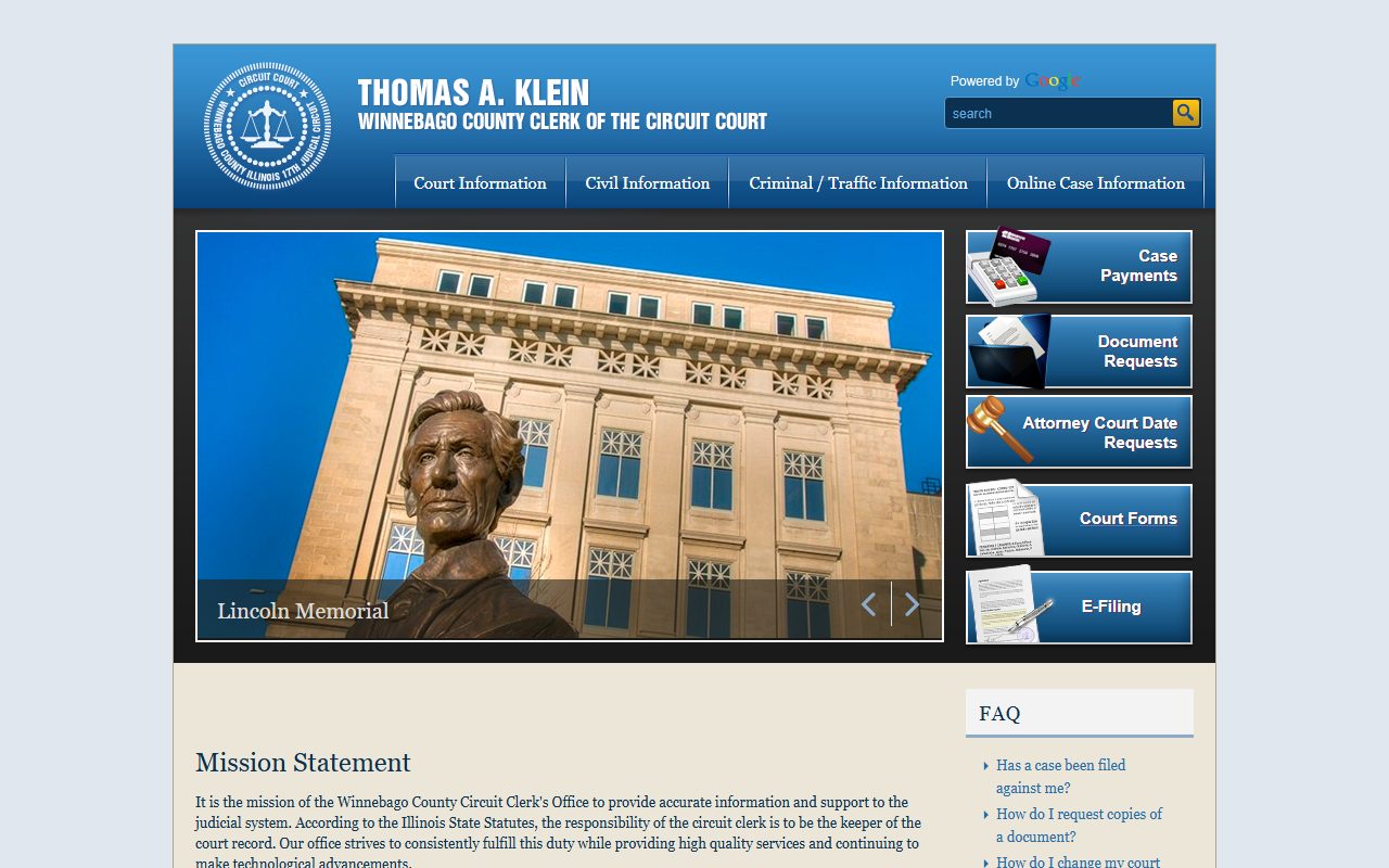 Winnebago County Clerk of the Circuit Court home page with mission, FAQ links, online case information, and document requests