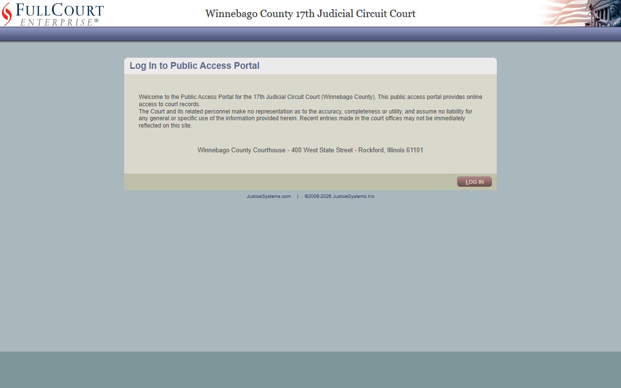FullCourt Enterprise public access portal login and disclaimer for Winnebago County court records