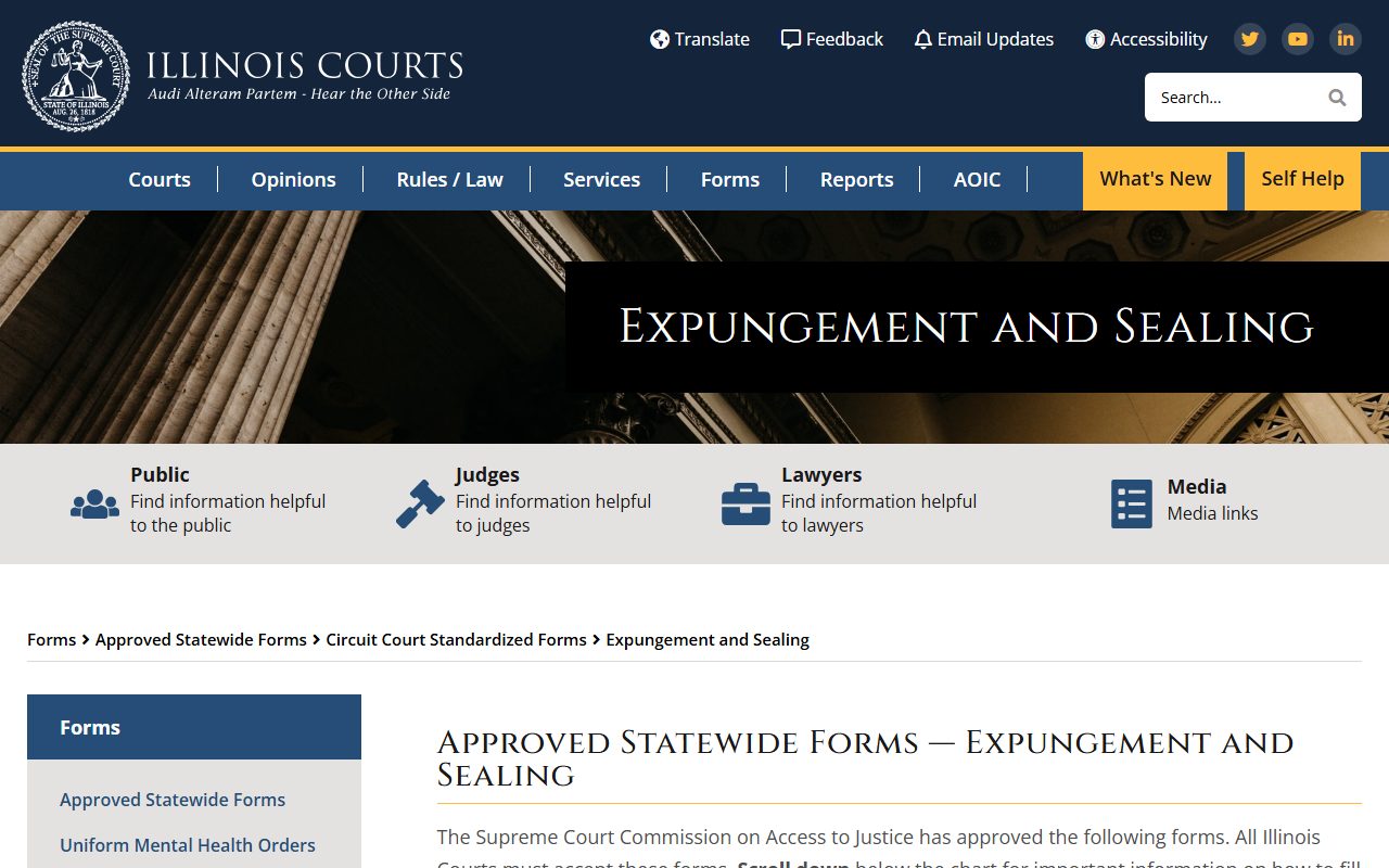 Illinois Courts approved expungement and sealing forms used by the Winnebago County Circuit Clerk