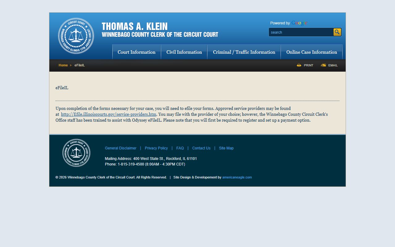 Winnebago County Circuit Clerk court forms and eFileIL page