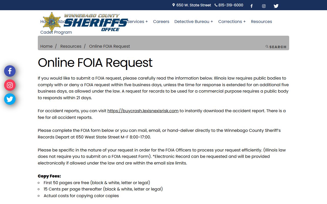 Sheriff online FOIA request page used to support Winnebago County criminal court dockets