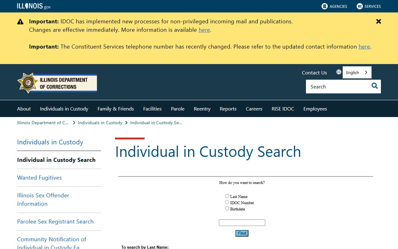 Illinois Department of Corrections individual in custody search used for Winnebago County criminal records follow-up
