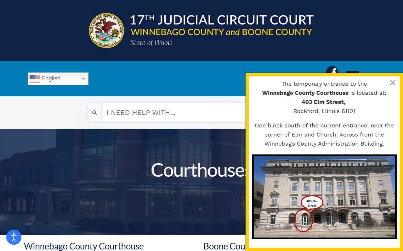 17th Judicial Circuit courthouse list with Winnebago County Courthouse address and Circuit Clerk phone
