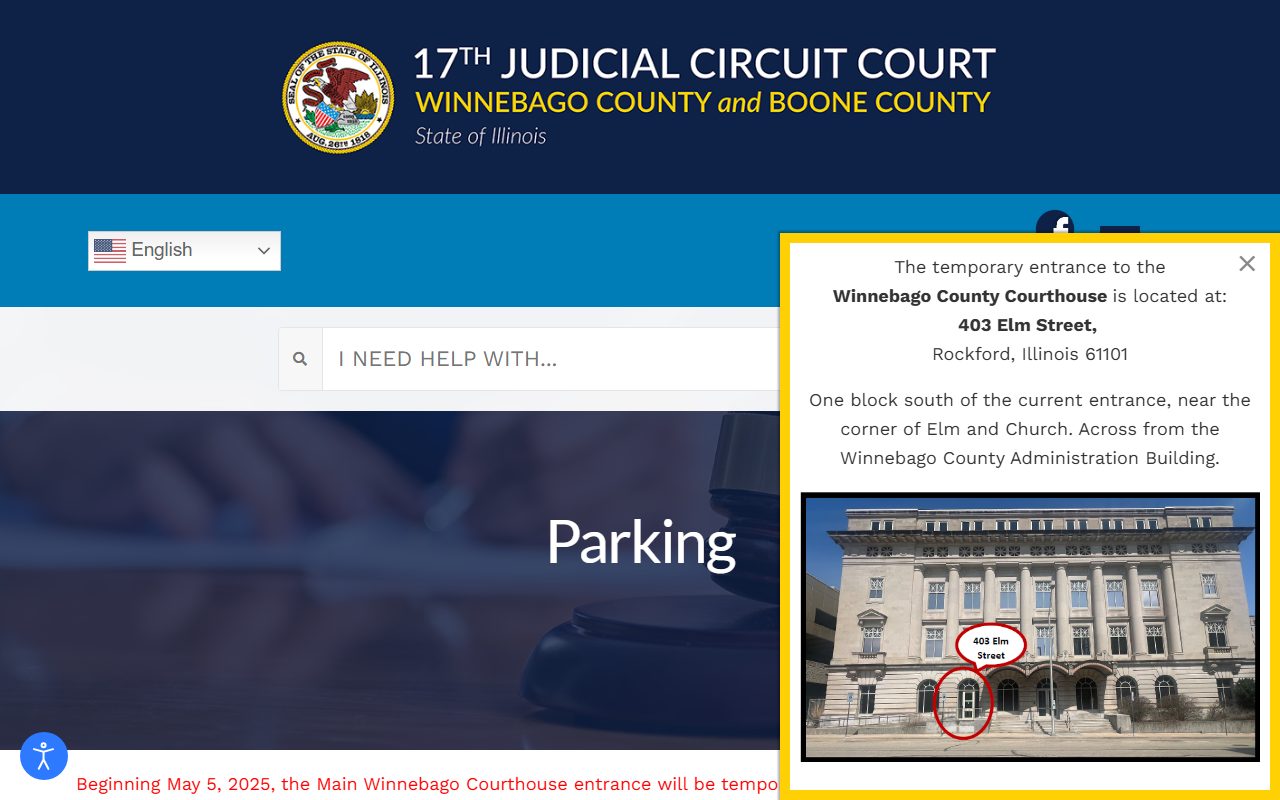 17th Judicial Circuit courthouse parking page with temporary entrance notice for Winnebago County