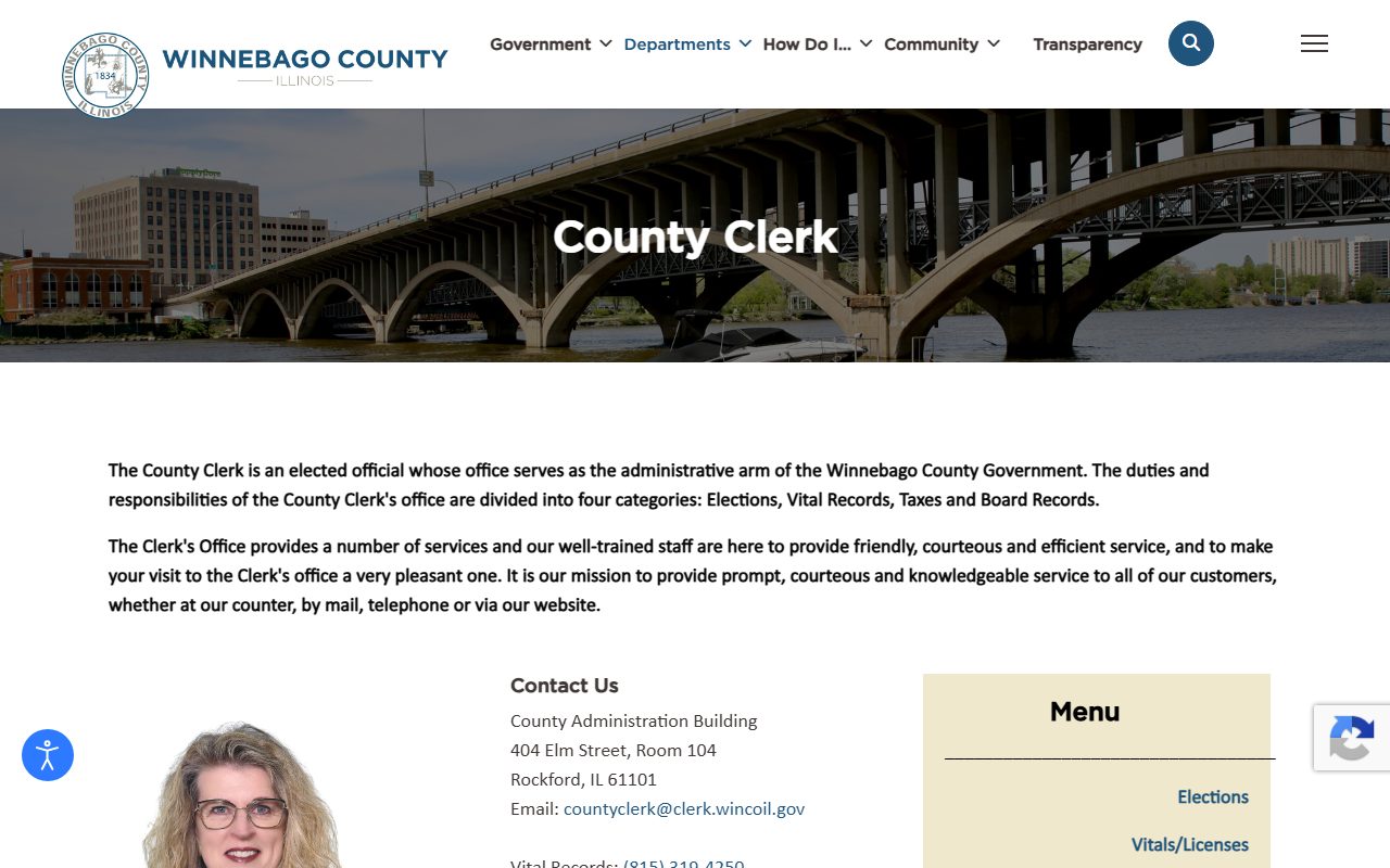Winnebago County Clerk overview page with elected County Clerk Lori Gummow and office responsibilities