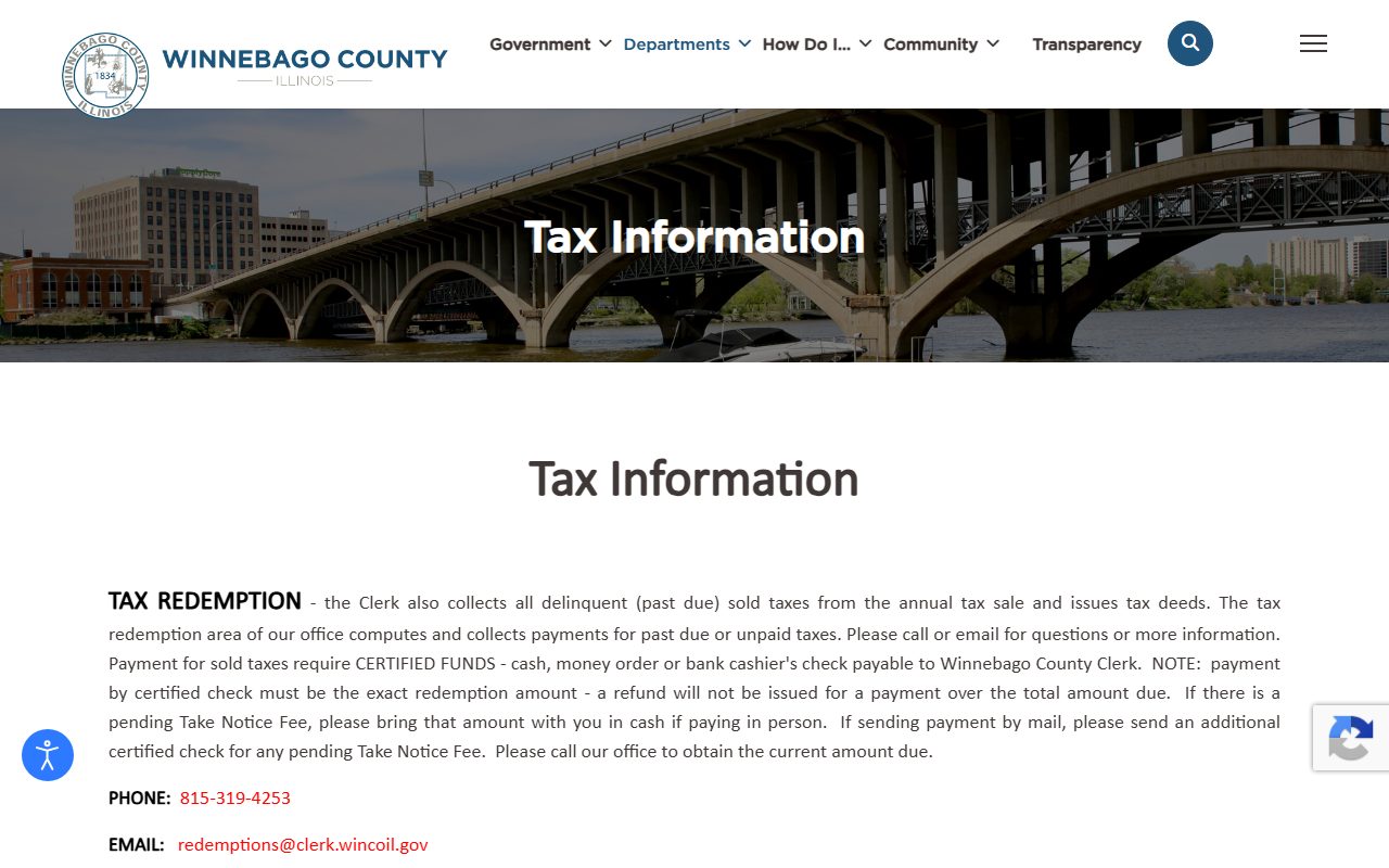 Winnebago County Clerk tax redemption page showing certified funds rules