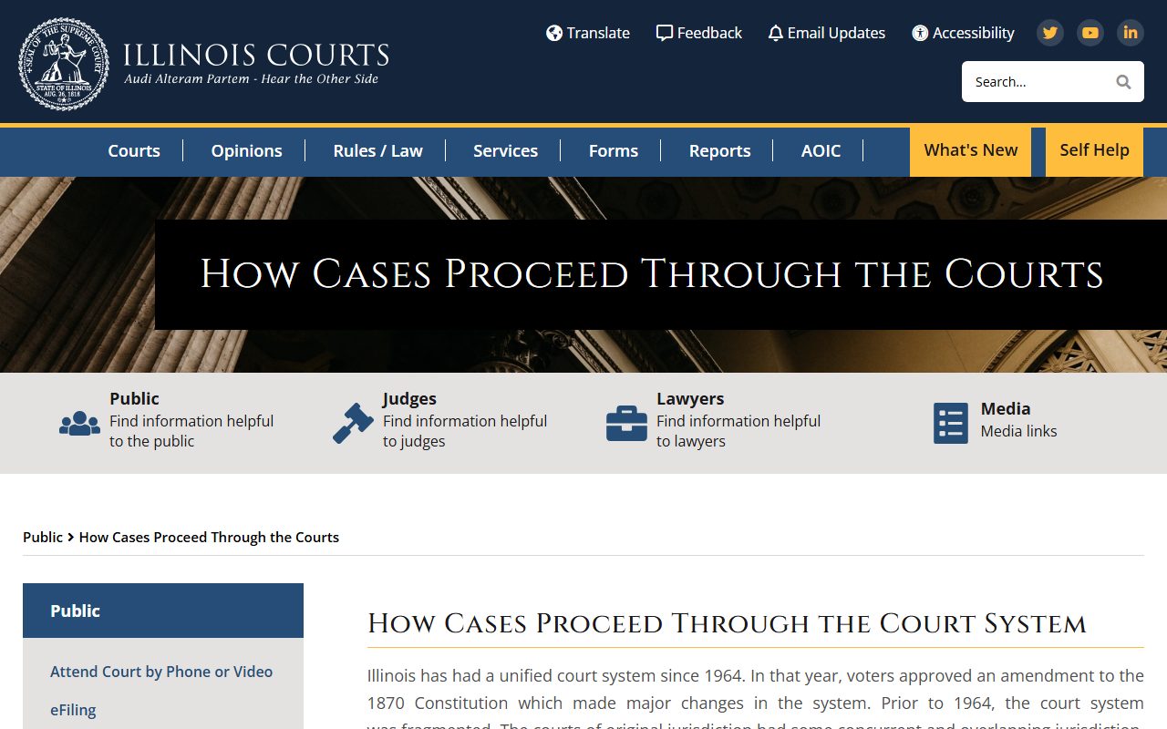 Illinois Courts page explaining how Winnebago County court records cases move through trial, appellate, and Supreme Court levels