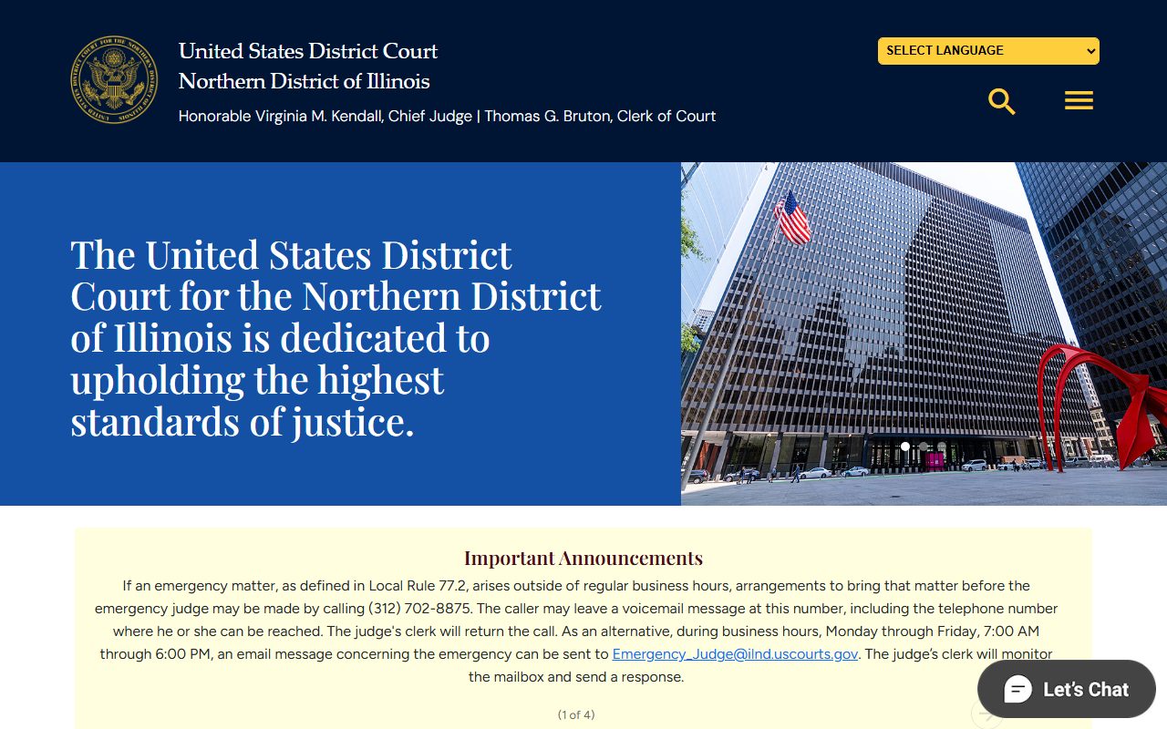 U.S. District Court for the Northern District of Illinois home page used for federal records search