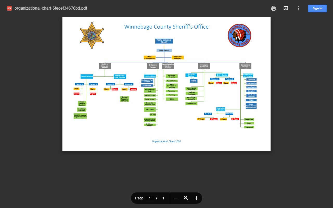 Winnebago County Sheriff's Office organizational chart naming Sheriff Gary Caruana and command structure