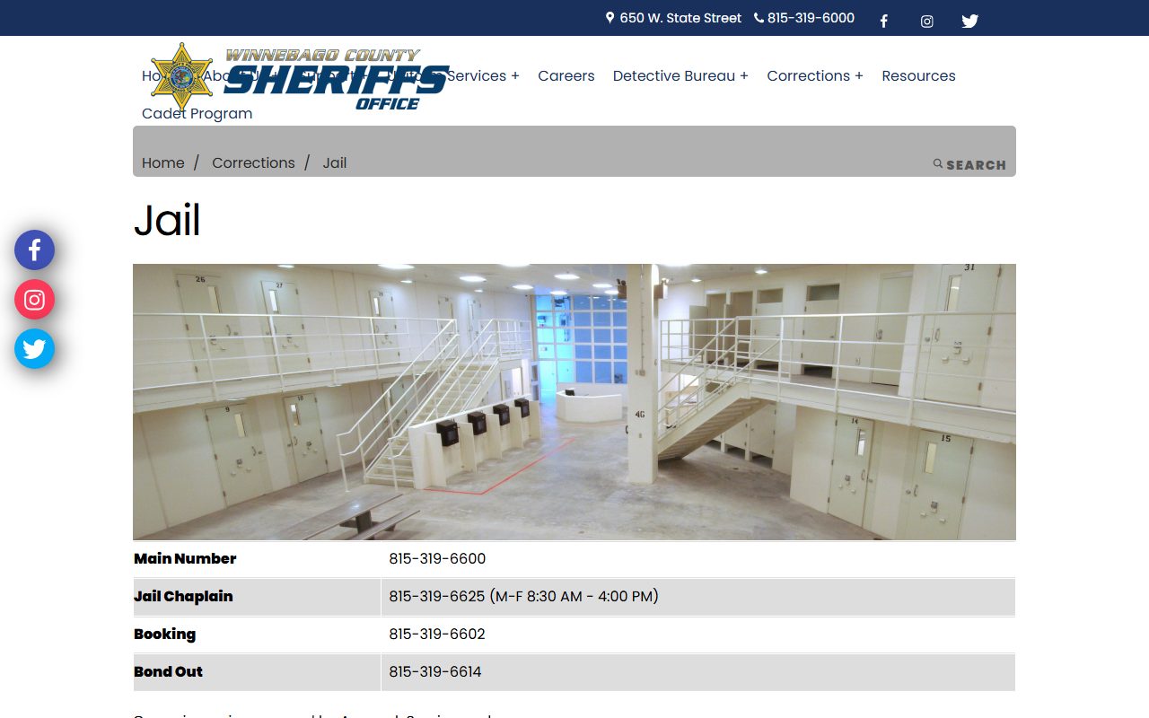 Winnebago County Sheriff jail page with jail main number and additional jail-service links