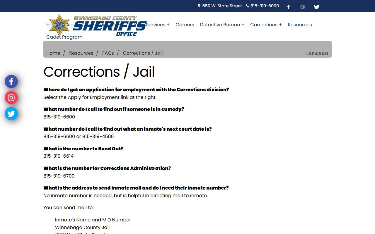 Winnebago County Corrections and Jail FAQ with custody, court date, mail, money, visits, and property answers