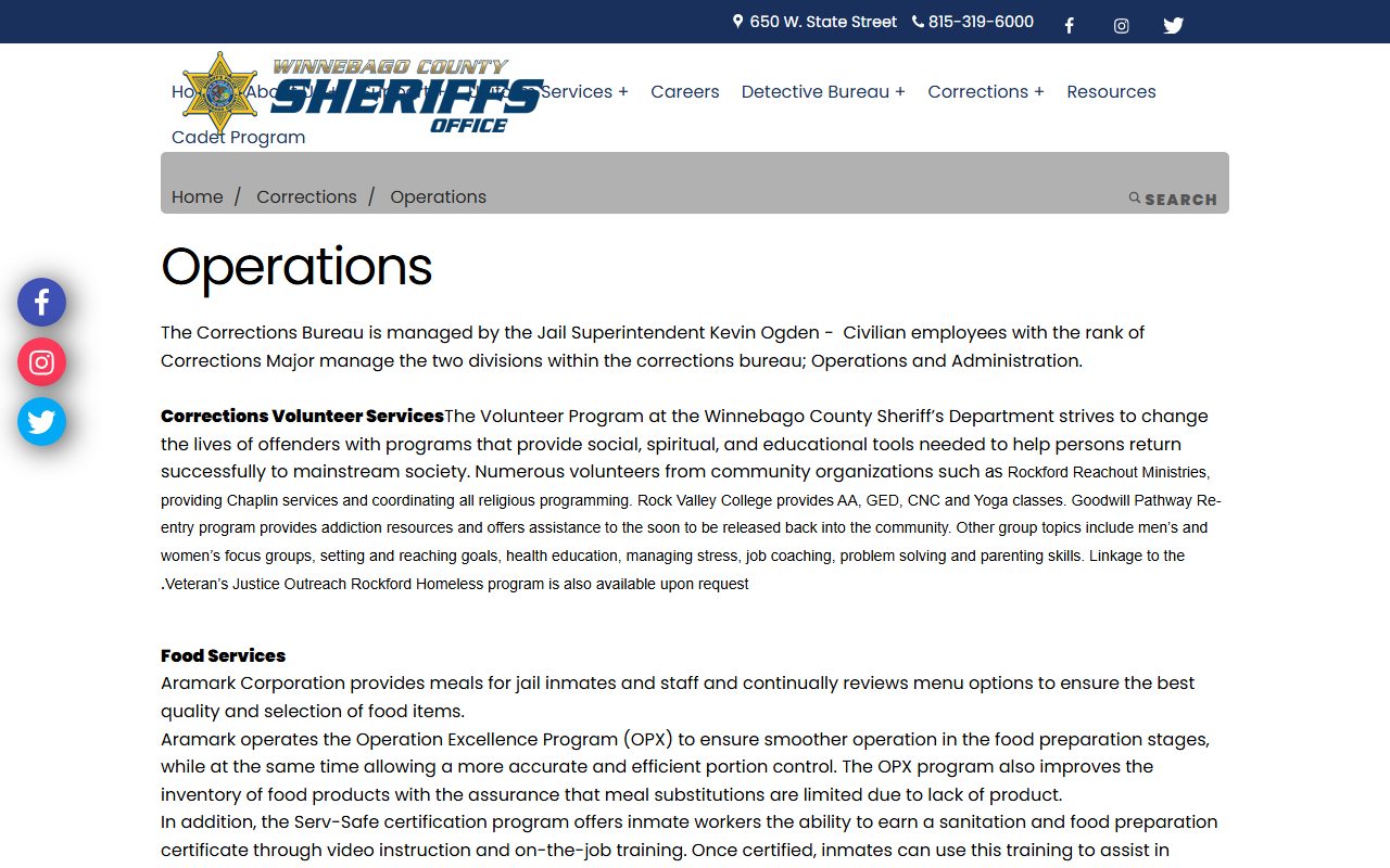 Corrections operations page describing volunteer programs, medical, mental health, and reentry linkage