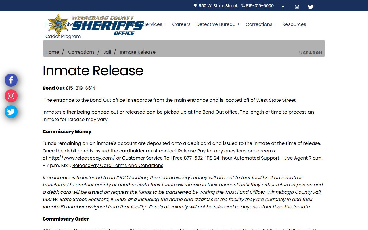 Winnebago County Sheriff inmate release page with bond out, commissary money, and property return rules