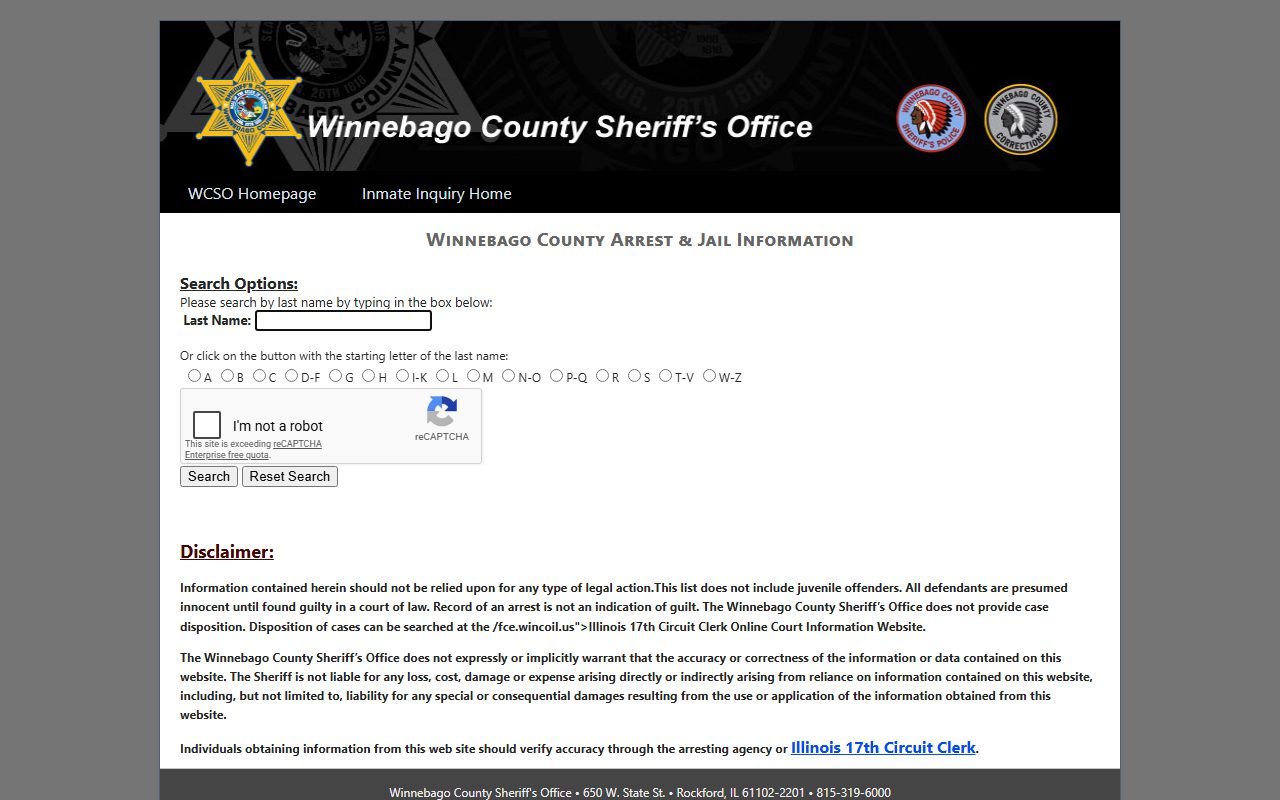 Official Winnebago County Sheriff inmate inquiry search by last name or letter group