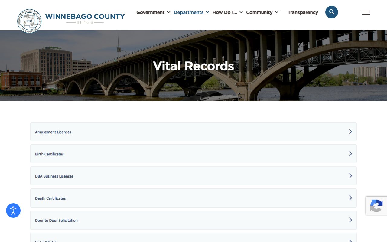 Winnebago County Clerk vital records page with marriage and civil union license rules