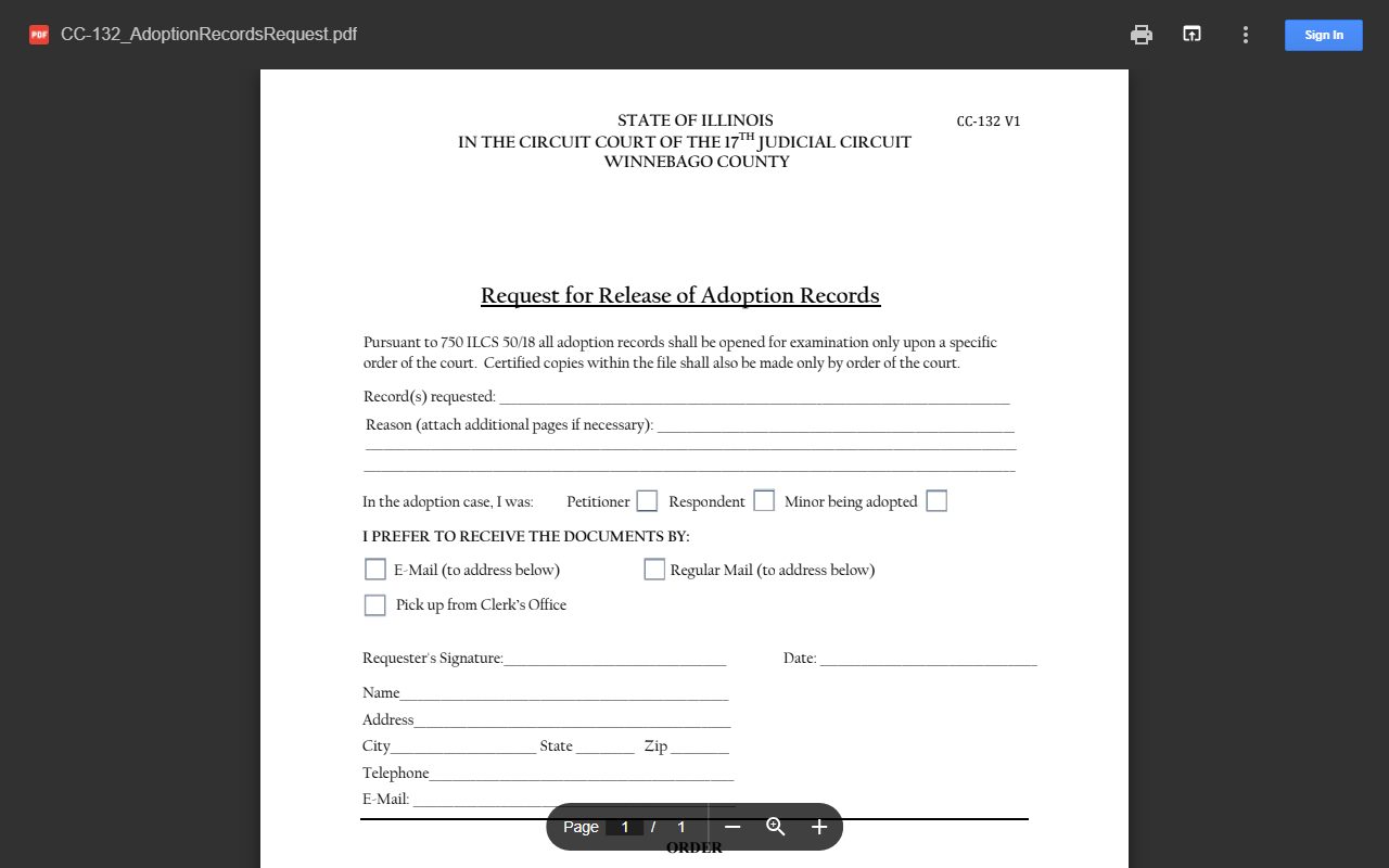 Winnebago County Circuit Clerk CC-132 adoption record request PDF