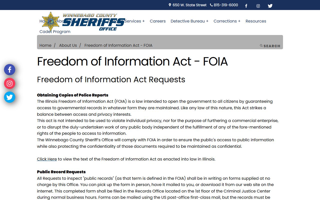 Winnebago County Sheriff FOIA and police-report request page with response deadlines, fees, denials, appeals