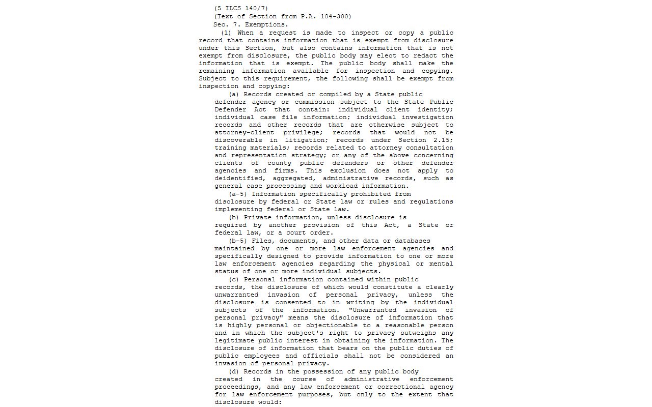 Illinois FOIA exemptions statute 5 ILCS 140/7 applied to Winnebago County public records