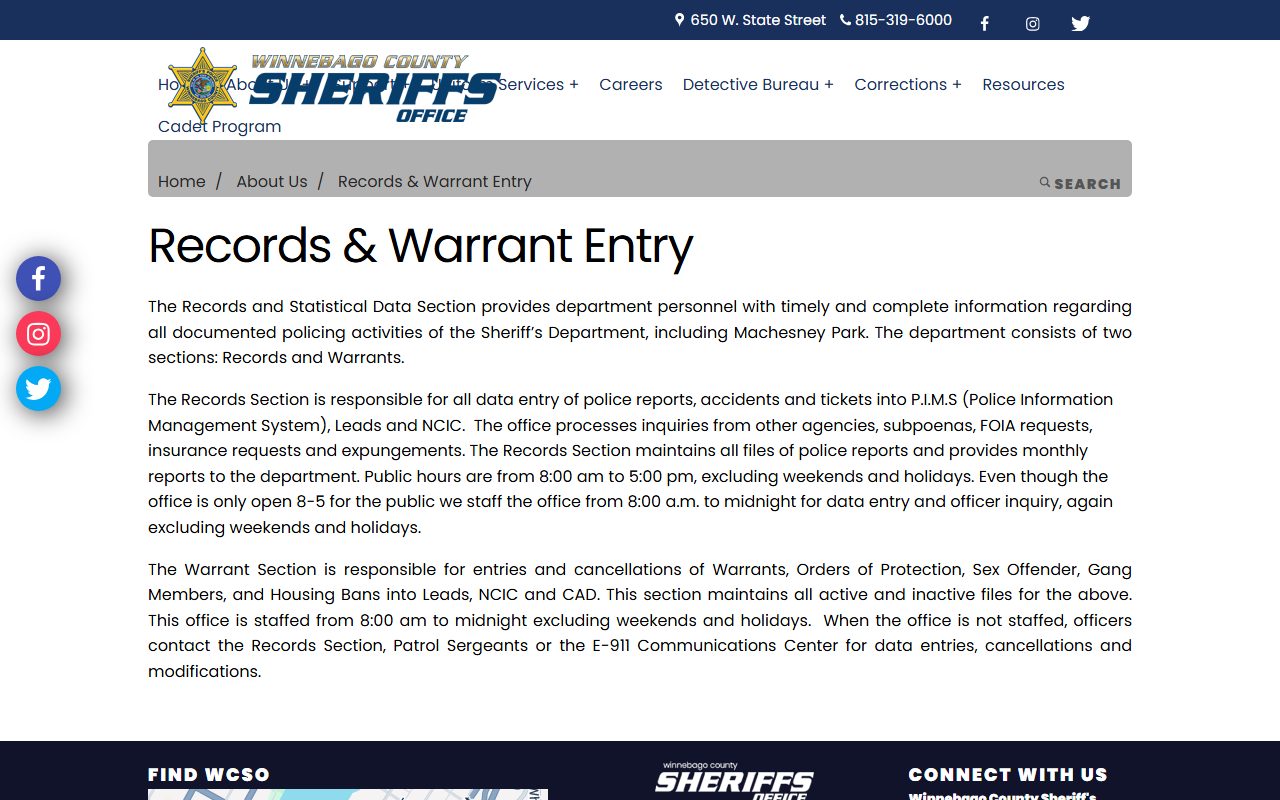 Winnebago County Sheriff Records and Warrant Entry page describing LEADS, NCIC, and CAD warrant entries